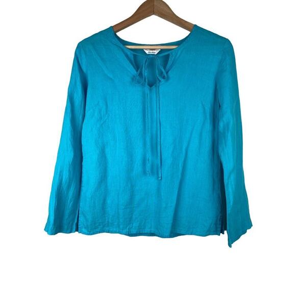Talbots Petites Women's S Turquoise Blue Irish Linen Tie Neck Blouse - Picture 1 of 6